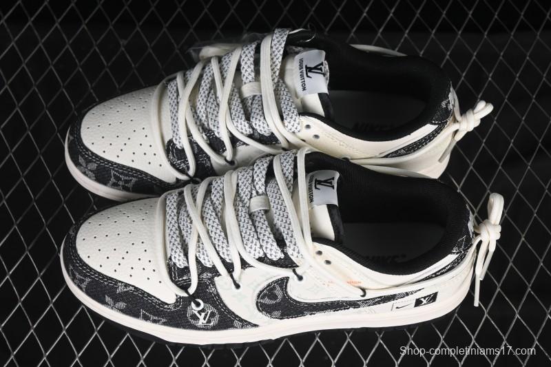 Nike SB Dunk Low LV Collaboration Black Floral Drawstring Anniversary High-End Custom Low-Top Casual Skate Shoes - YX5066-385