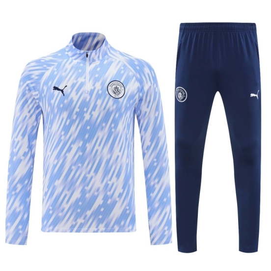 25/26 Manchester City White with Sky Blue Diagonal Stripes Half Zipper Jacket Tracksuit +Long Pants