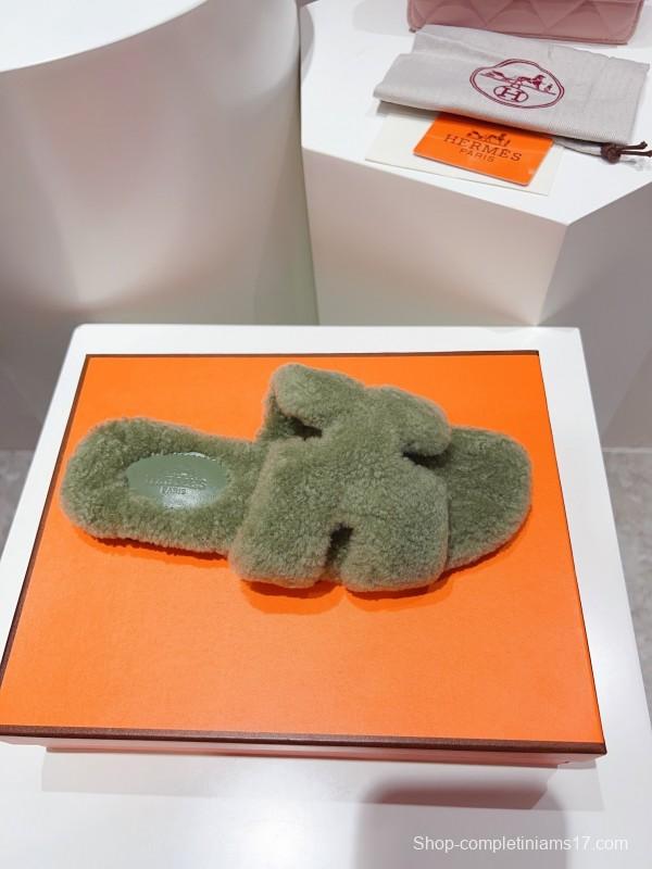 H Teddy Wool H Slippers Flat Sole Fur Slippers for Autumn Winter - LY00240