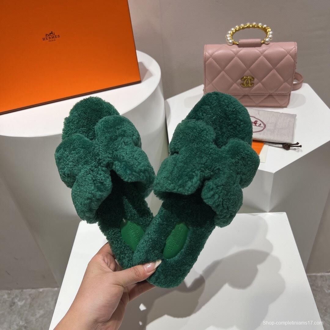 H Teddy Wool H Slippers Flat Sole Fur Slippers - LY00240