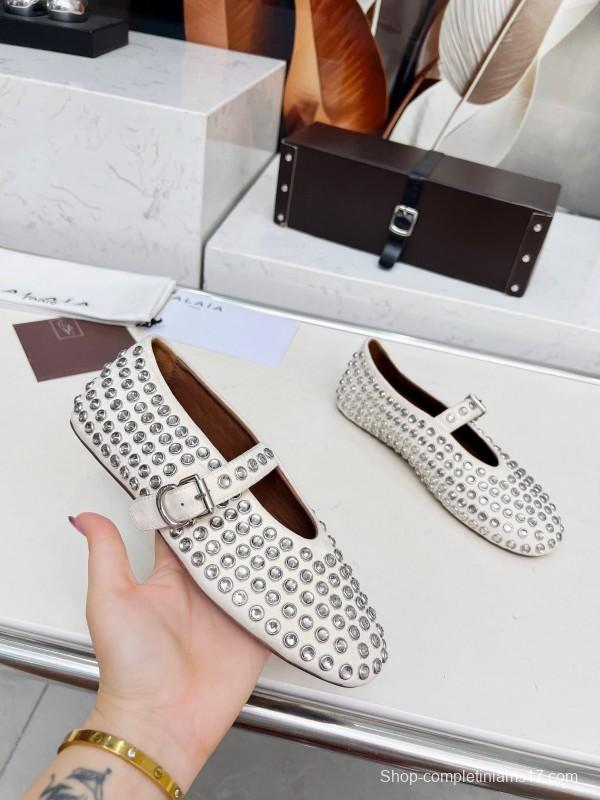 Alaia 2025/SS Crystal-Studded Ballet Flats with Built-in 0.8CM Height Increase - LY00340