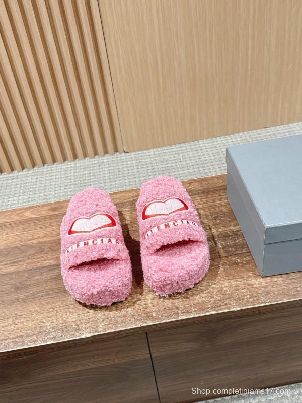 Balenciaga 2025 SS Qixi Limited Series Letter Embroidery Platform Shearling Slippers - AS00200