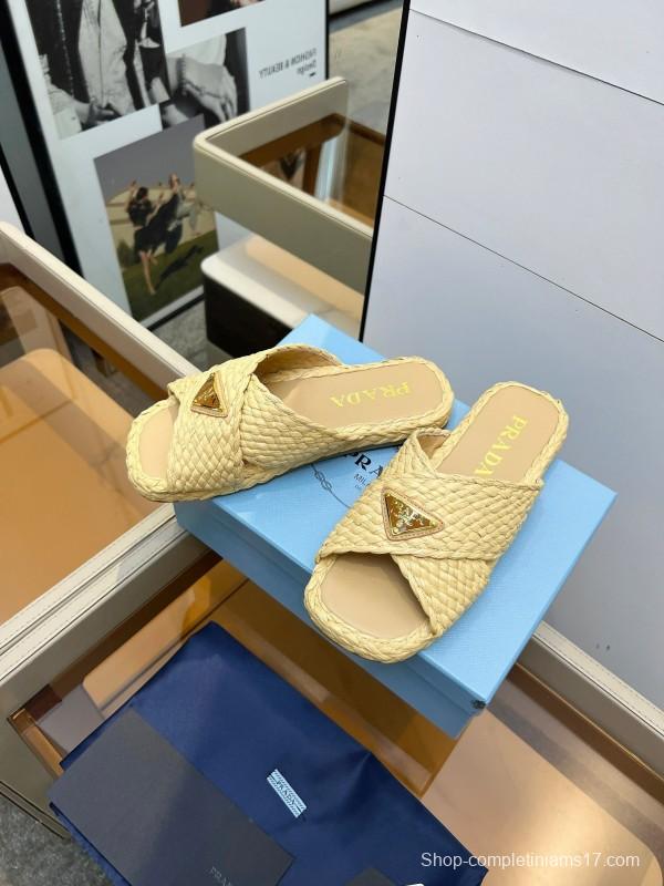 Prada Raffia Handwoven Cross Sandals 2025SS - KFY00260