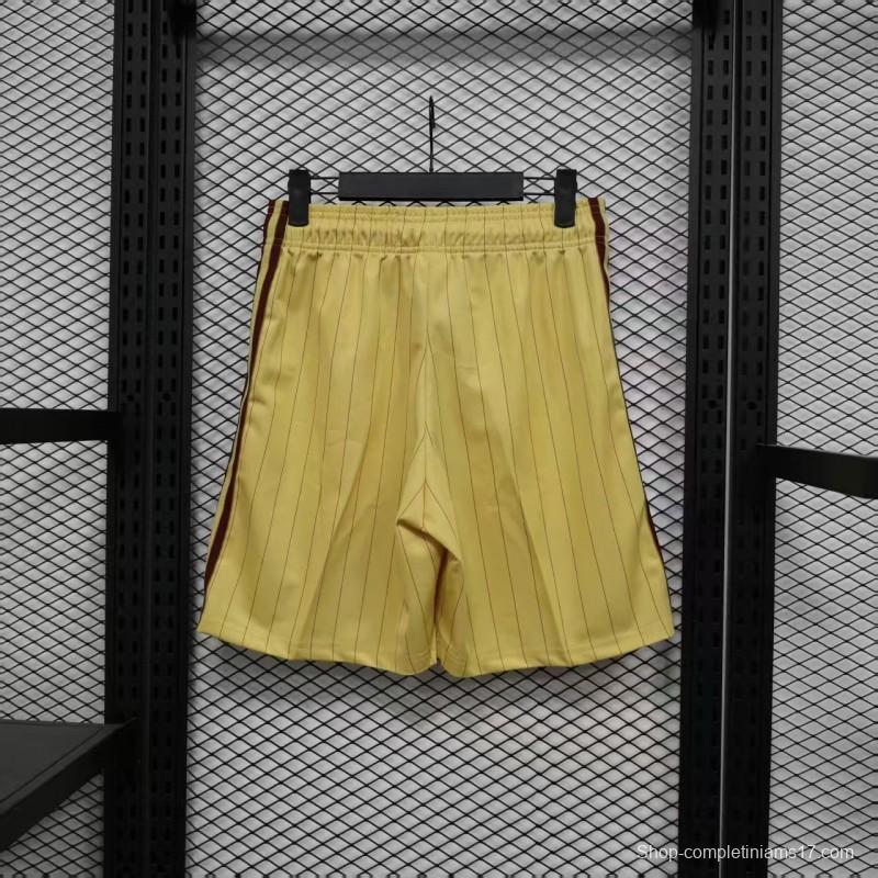 Player Version 25/26 Arsenal Yellow with Burgundy Side Stripes and Pinstripes Shorts