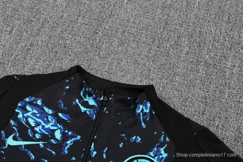 Player Version 25/26 Inter Milan Black with Blue Water Splash Pattern Half Zipper Jacket Tracksuit +Long Pants