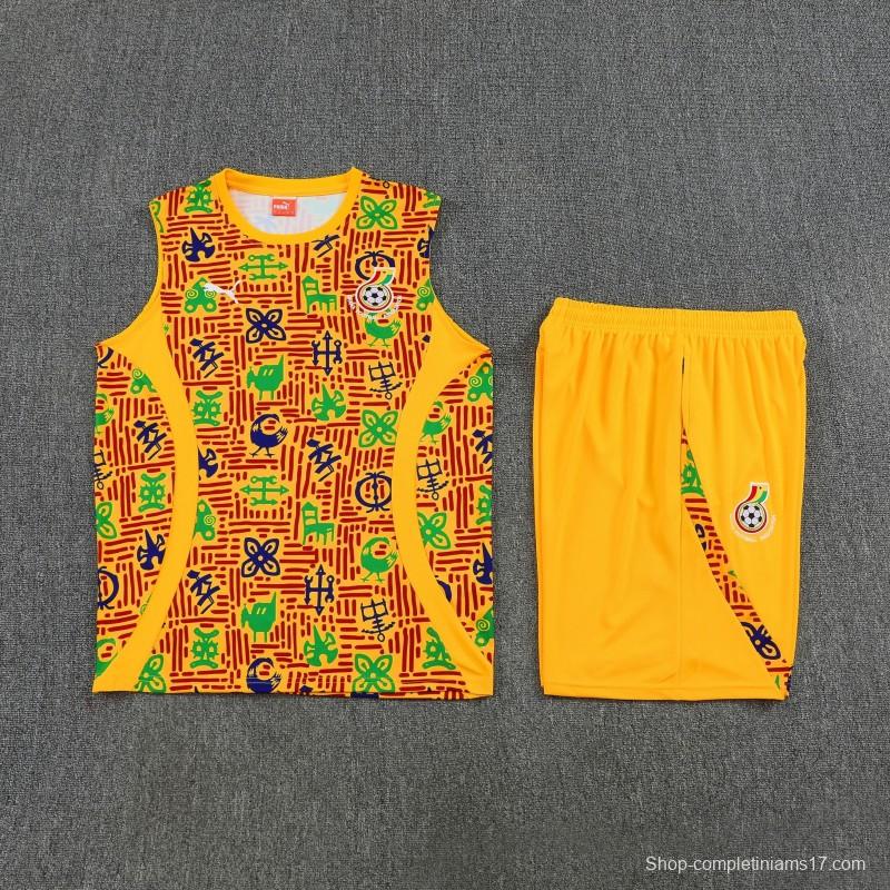 25/26 Ghana Yellow Adinkra Symbol Print Sleeveless Training Suit + Shorts