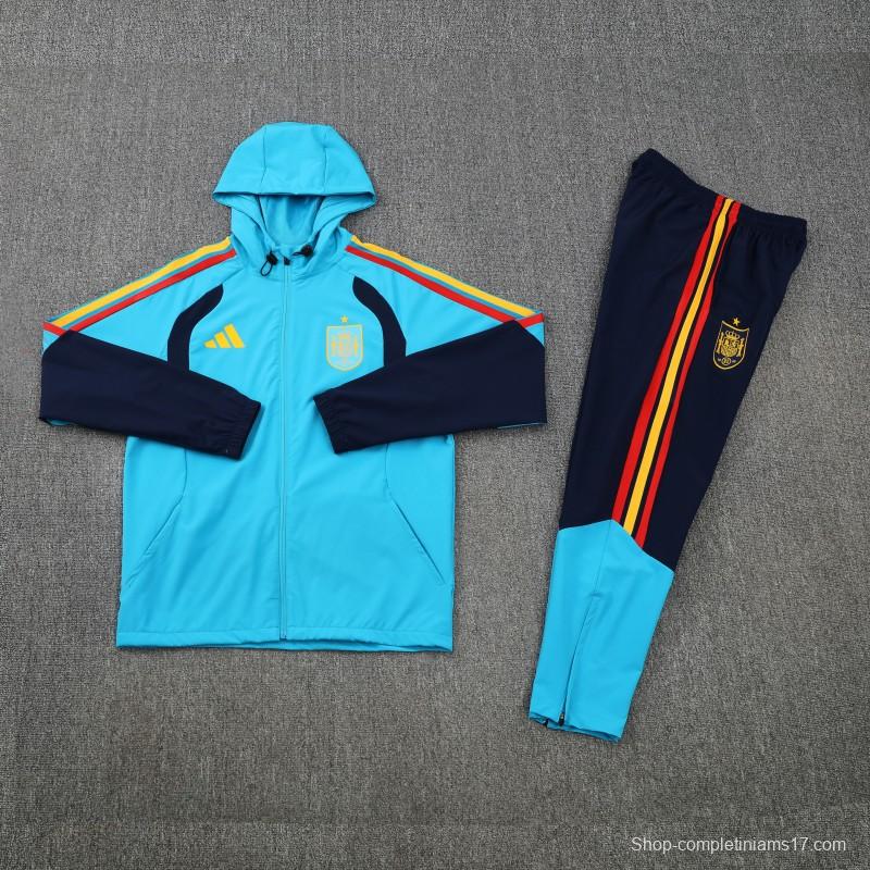 26/27  Spain Light Blue & Navy Blue Full Zipper Hooded Jacket Tracksuit + Long Pants