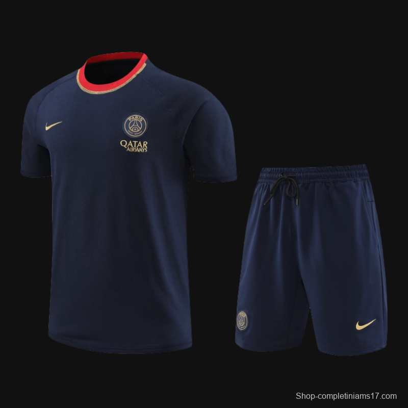 23/24 PSG Navy/Red Cotton Short Sleeve Jersey+Shorts