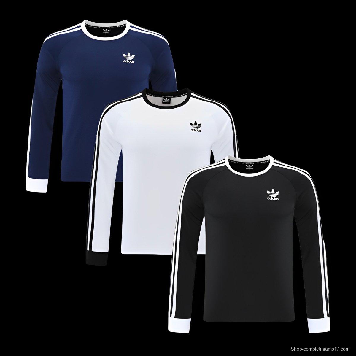 2025 Adidas Originals Long Sleeve T-Shirt Collection - Navy/White/Black with 3-Stripes
