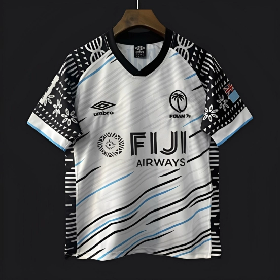 2025 Fiji 7s White with Wave Pattern and Traditional Tapa Cloth Design Jersey