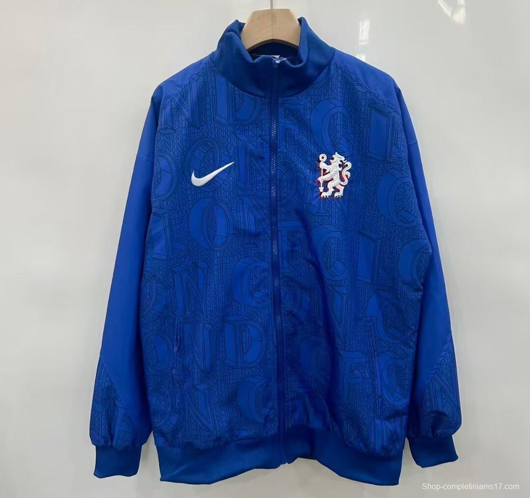 25/26 Chelsea FC Blue with All-Over London Text Pattern Full Zipper Windbreaker