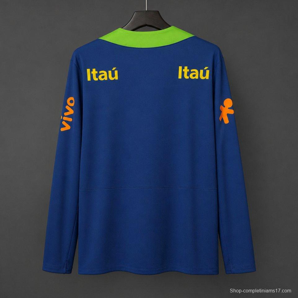 2024 Brazil Navy Blue with Lime Green Long Sleeve Half-Zip Training Top